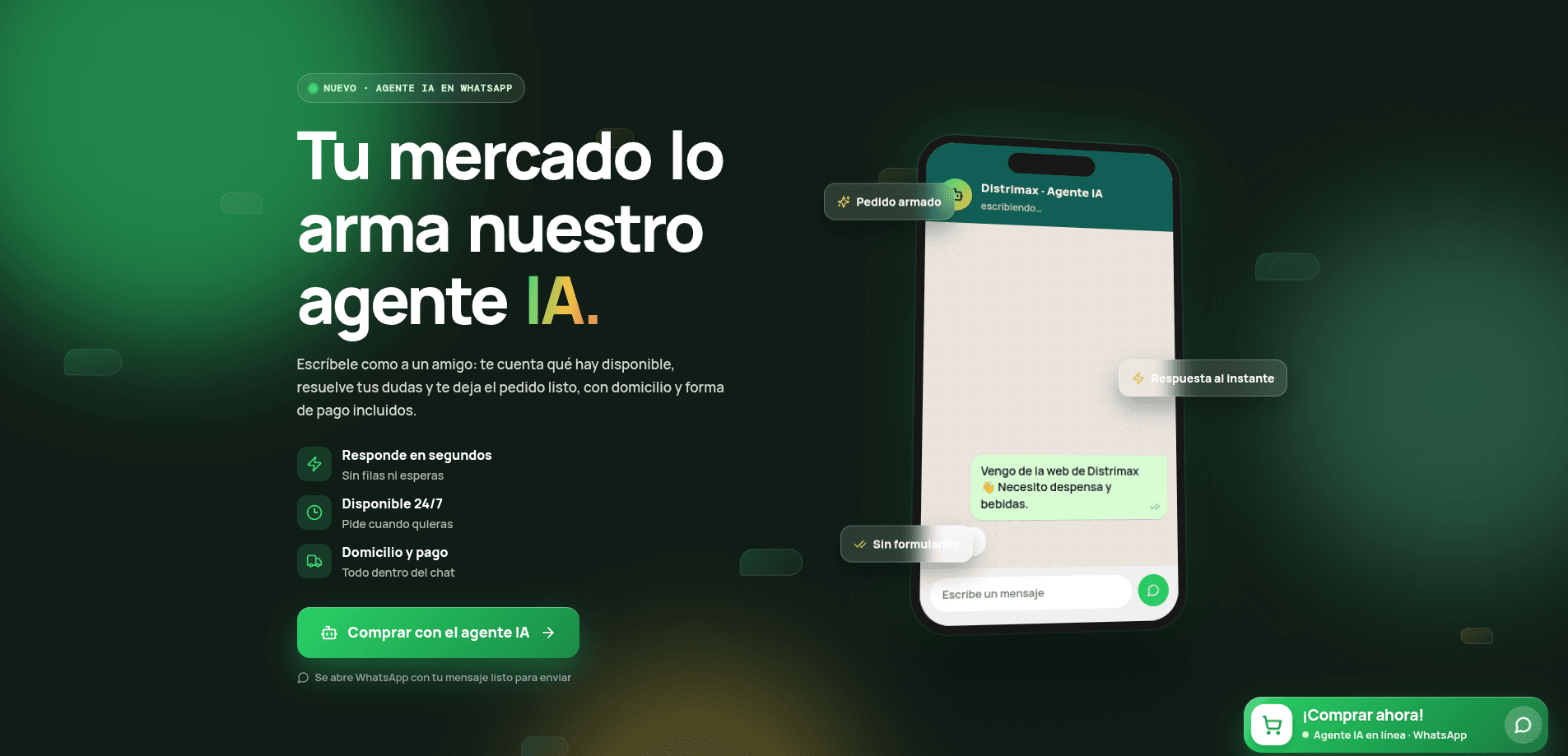 Sitio de Distrimax mostrando su agente de inteligencia artificial para compras por WhatsApp
